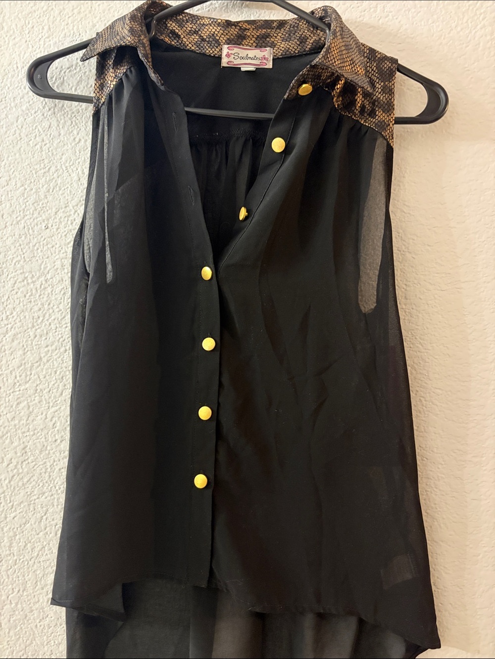 NWT Soulmates Black Sheer Sleeveless Blouse with Snake-Print Collar